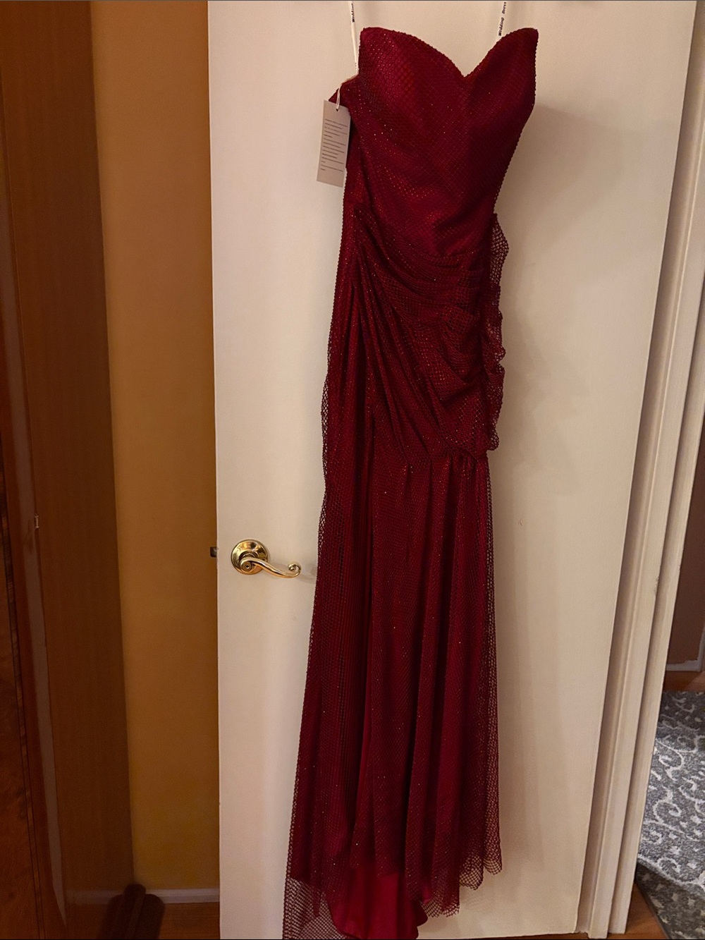 Strapless Sparkling Burgundy Evening Gown